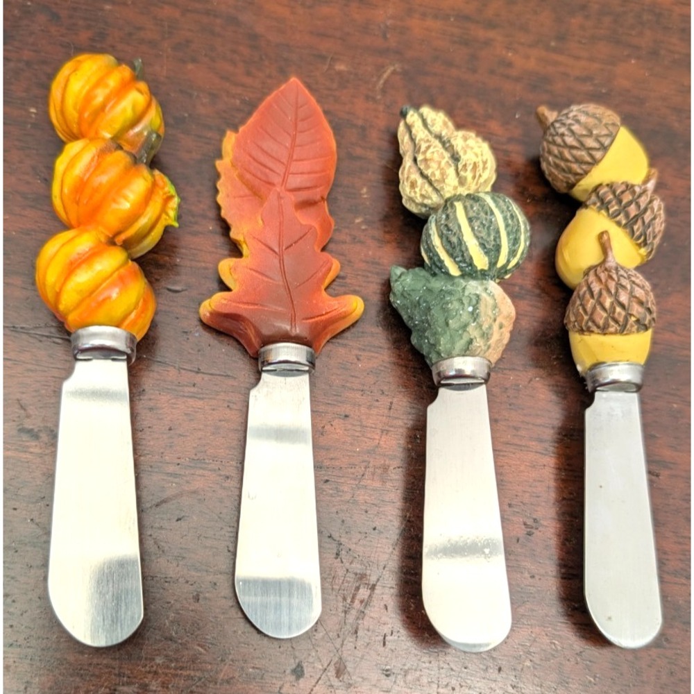 Thanksgiving Cheese Spreaders Set 4 Fall Harvest Pumpkin Acorn Gourd Leaf 5"